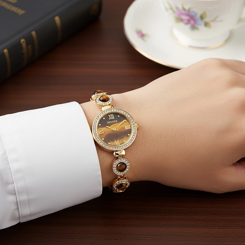 Strada Yellow Tiger Eye, Austrian Crystal Japanese Movement Watch in Goldtone 3.00 ctw