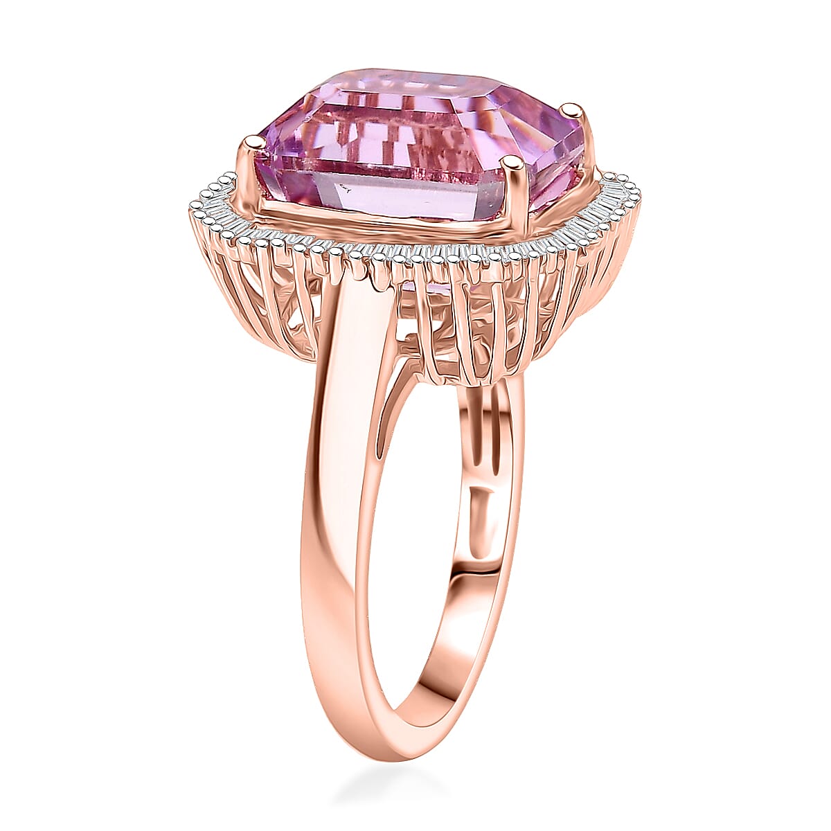 Luxoro AAAA Patroke Kunzite and G-H I2 Diamond 9.80 ctw Majestic Frame Ring in 10K Rose Gold (Size 6.0) image number 3