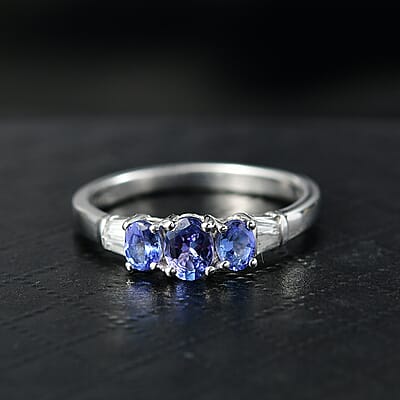D'Joy AAA Tanzanite, White Zircon Trilogy Ring in Rhodium Over Sterling Silver 0.90 ctw (Size 10.0)