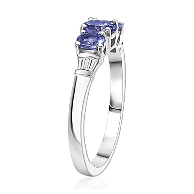 D'Joy AAA Tanzanite, White Zircon Trilogy Ring in Rhodium Over Sterling Silver 0.90 ctw (Size 10.0)