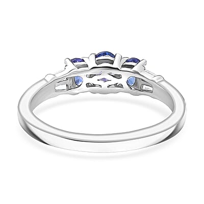 D'Joy AAA Tanzanite, White Zircon Trilogy Ring in Rhodium Over Sterling Silver 0.90 ctw (Size 10.0)