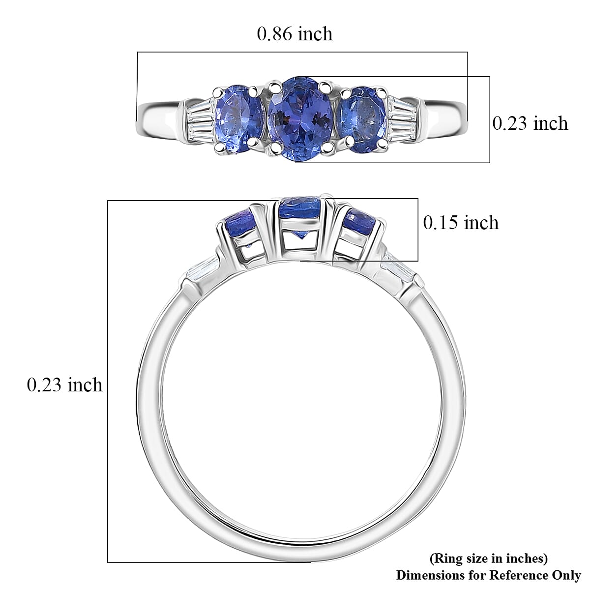D'Joy AAA Tanzanite, White Zircon Trilogy Ring in Rhodium Over Sterling Silver 0.90 ctw (Size 10.0)