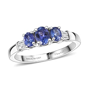 D'Joy AAA Tanzanite and White Zircon 0.90 ctw Trilogy Ring in Rhodium Over Sterling Silver (Size 5.0)
