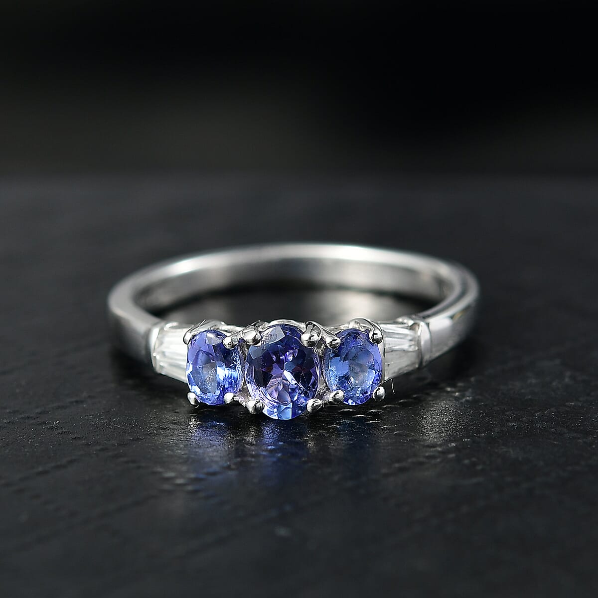 D'Joy AAA Tanzanite and White Zircon 0.90 ctw Trilogy Ring in Rhodium Over Sterling Silver (Size 7.0) image number 1