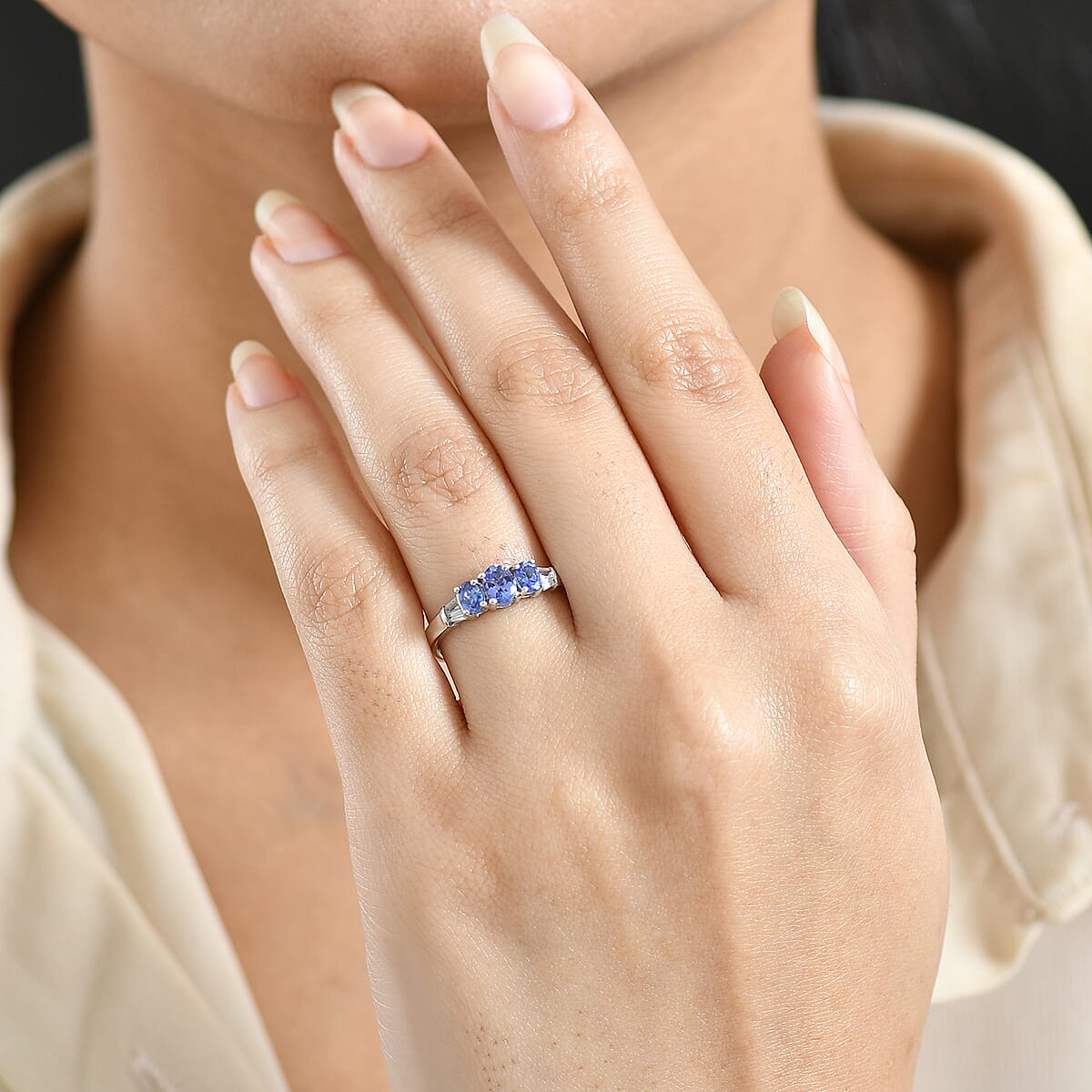D'Joy AAA Tanzanite and White Zircon 0.90 ctw Trilogy Ring in Rhodium Over Sterling Silver (Size 9.0) image number 2