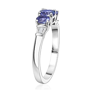 D'Joy AAA Tanzanite, White Zircon Trilogy Ring in Rhodium Over Sterling Silver 0.90 ctw (Size 9.0)