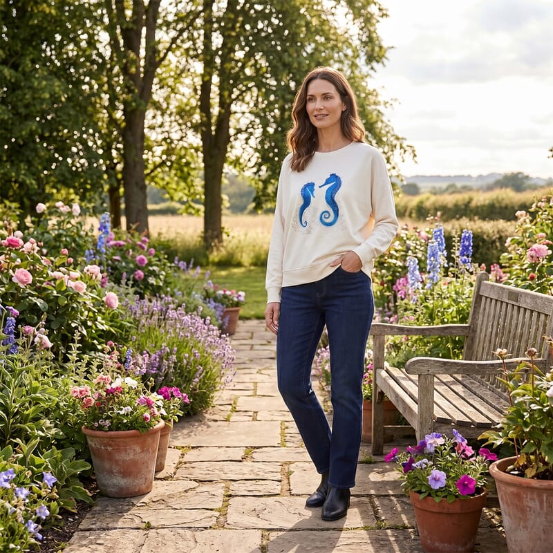La Marey White Seahorse Crystal Crew Neck Pullover - One Size Fits Most