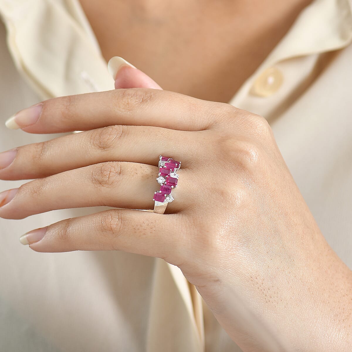 D'Joy Niassa Ruby (FF) and White Zircon 3.30 ctw Ring in Platinum Over Sterling Silver (Size 8.0) image number 2