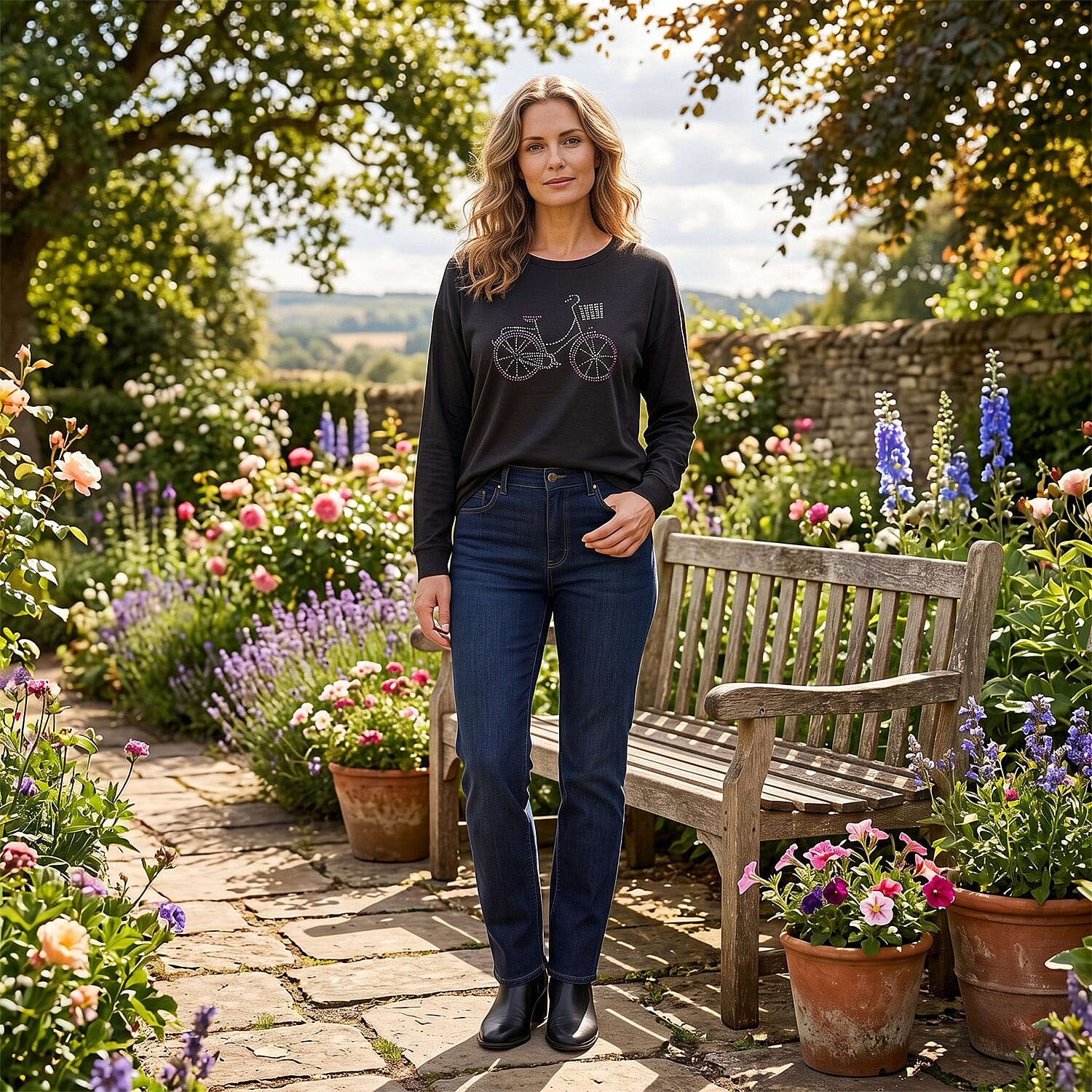 La Marey Black Bike Crystal Crew Neck Pullover - One Size Fits Most