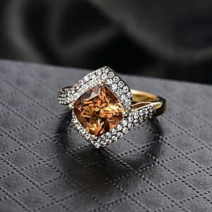 D'Joy Marialite, White Zircon, Champagne Zircon Art Deco Ring in 18K Vermeil YG Over Sterling Silver 3.60 ctw (Size 6.0)