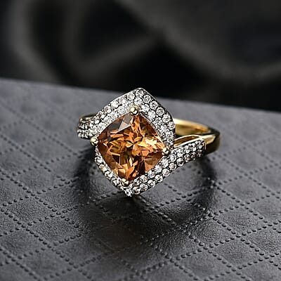 D'Joy Marialite, White Zircon, Champagne Zircon Art Deco Ring in 18K Vermeil YG Over Sterling Silver 3.60 ctw (Size 8.0)