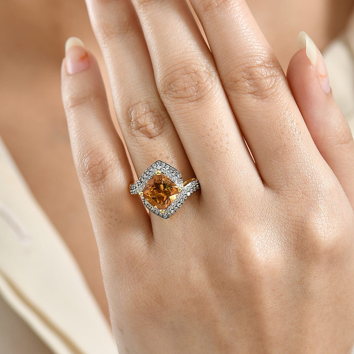 D'Joy Premium Marialite, White and Champagne Zircon 3.60 ctw Art Deco Ring in 18K Vermeil Yellow Gold Over Sterling Silver (Size 9.0) image number 2