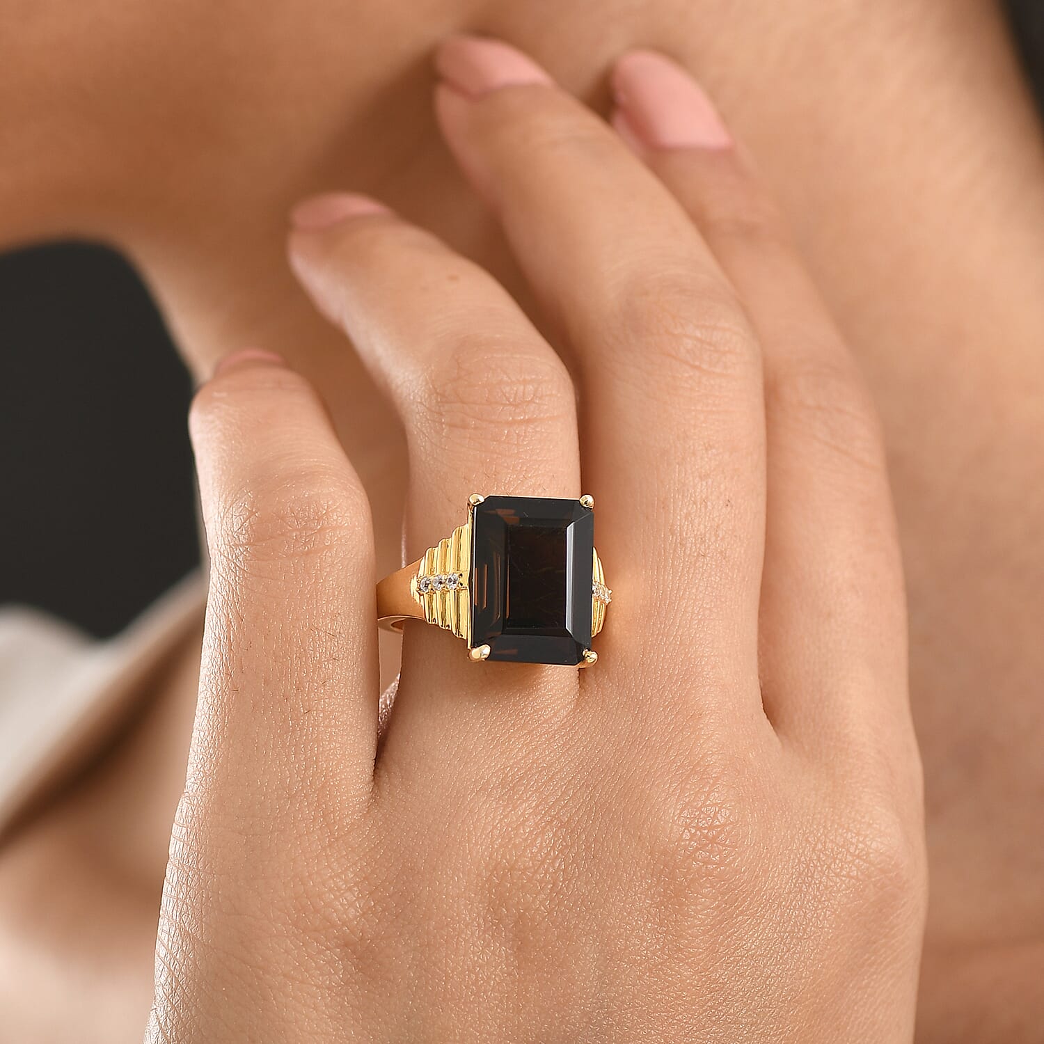 EverTrue Smoky Quartz and White Zircon 11.15 ctw Ring in 18K Yellow Gold Plated (Size 6.0)