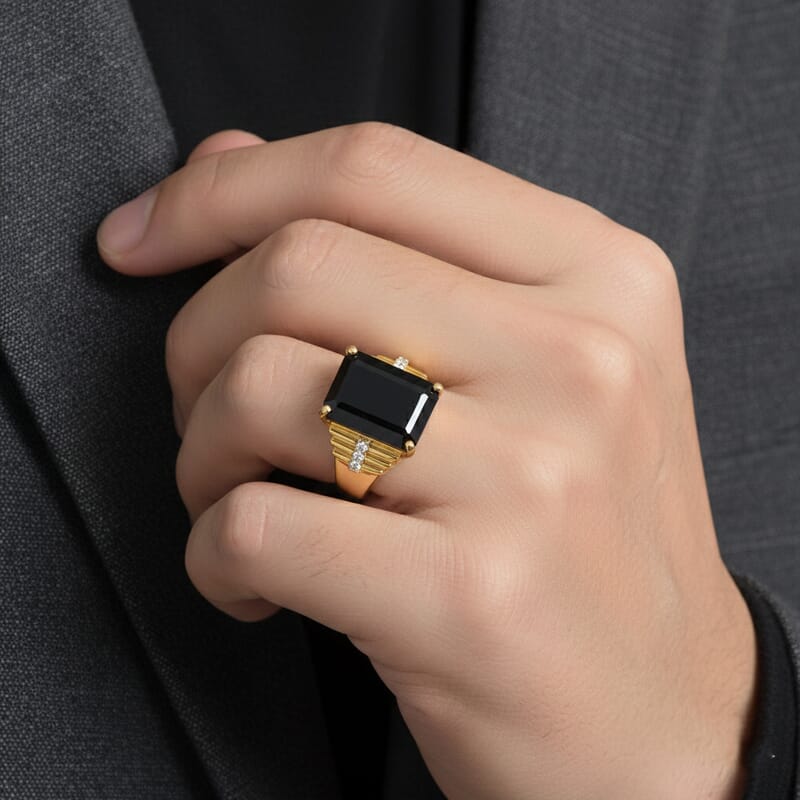 EverTrue Thai Black Spinel and White Zircon 14.35 ctw Ring in 18K Yellow Gold Plated (Size 10.0)