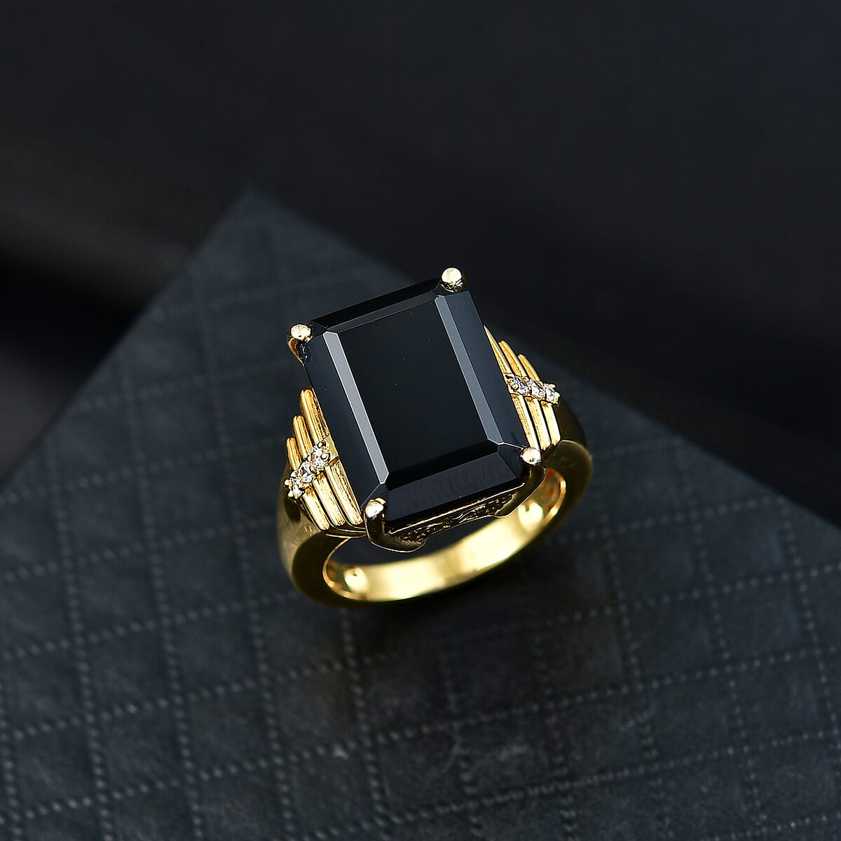 EverTrue Thai Black Spinel and White Zircon 14.35 ctw Ring in 18K Yellow Gold Plated (Size 6.0) image number 1