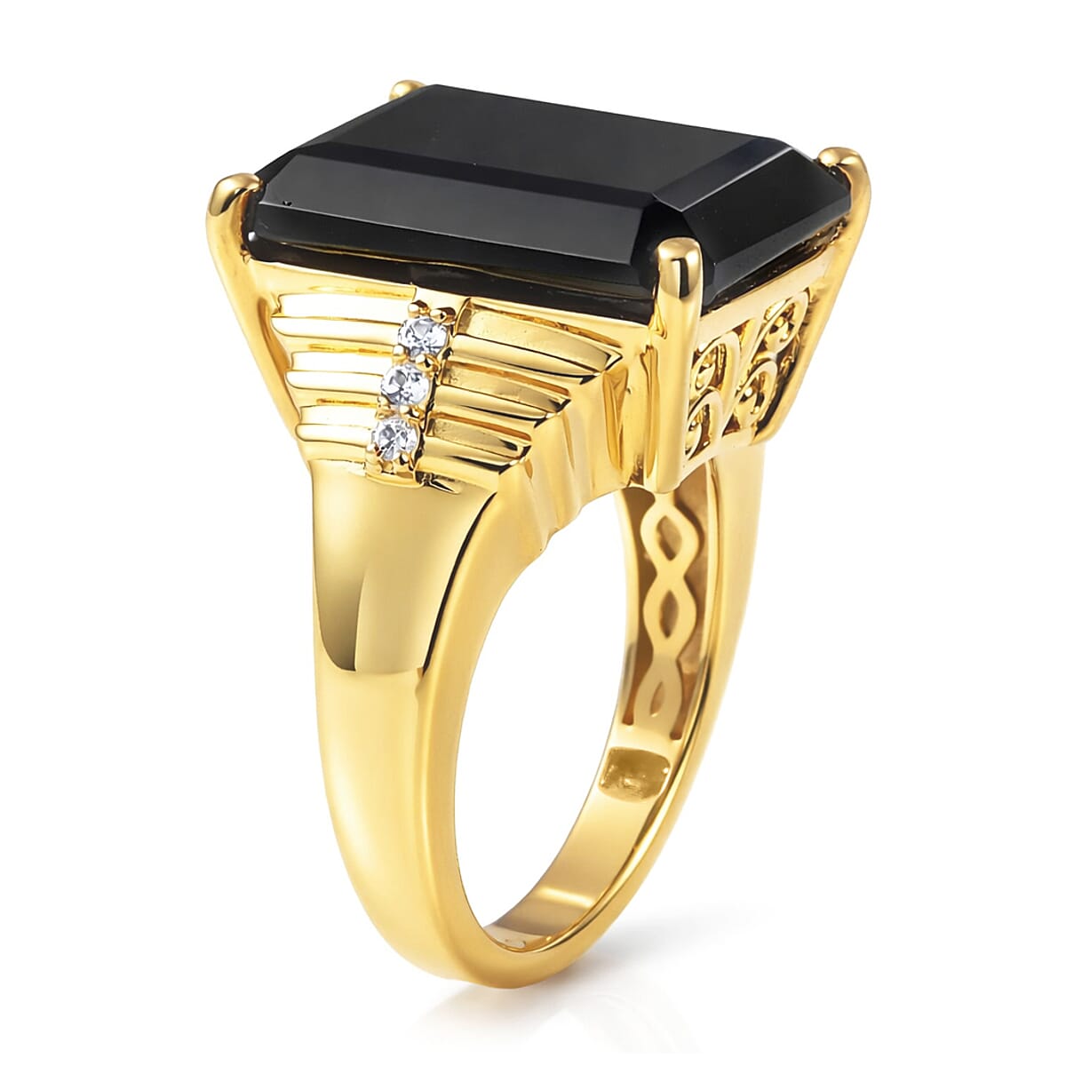 EverTrue Thai Black Spinel and White Zircon 14.35 ctw Ring in 18K Yellow Gold Plated (Size 6.0) image number 3