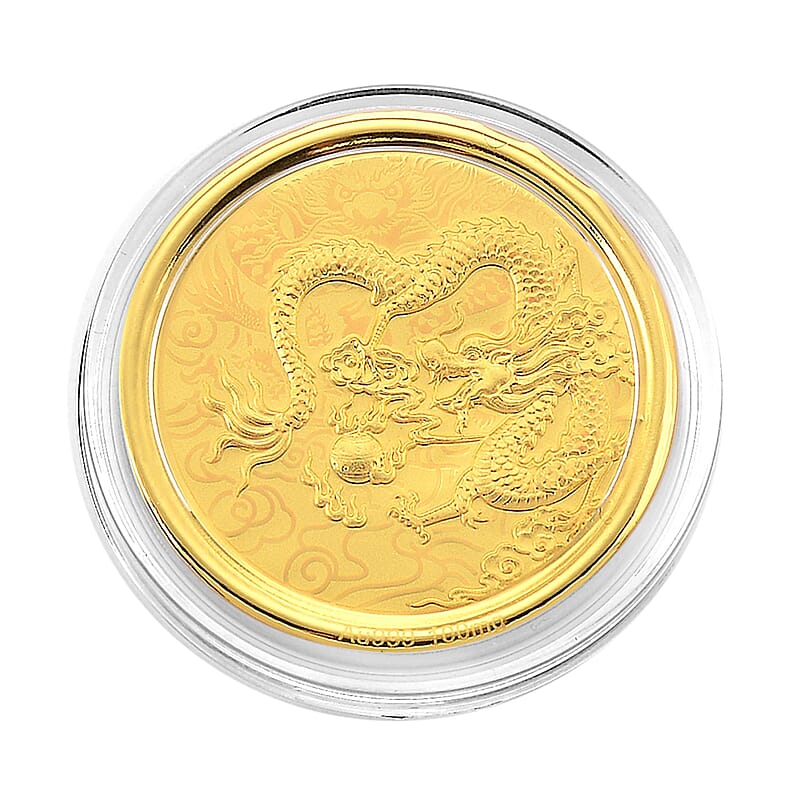 24K Yellow Golden Zodiac Guardian Dragon Coin Bar with Rainbow Line 100mg