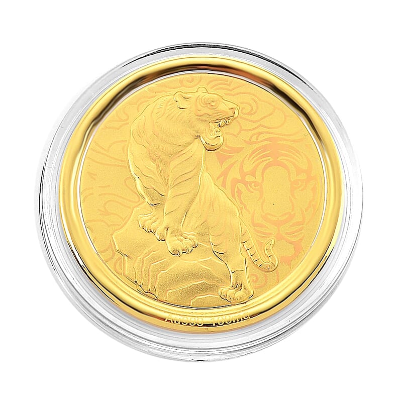 24K Yellow Golden Regal Tiger Zodiac Medallion Coin Bar with Rainbow Line 100mg