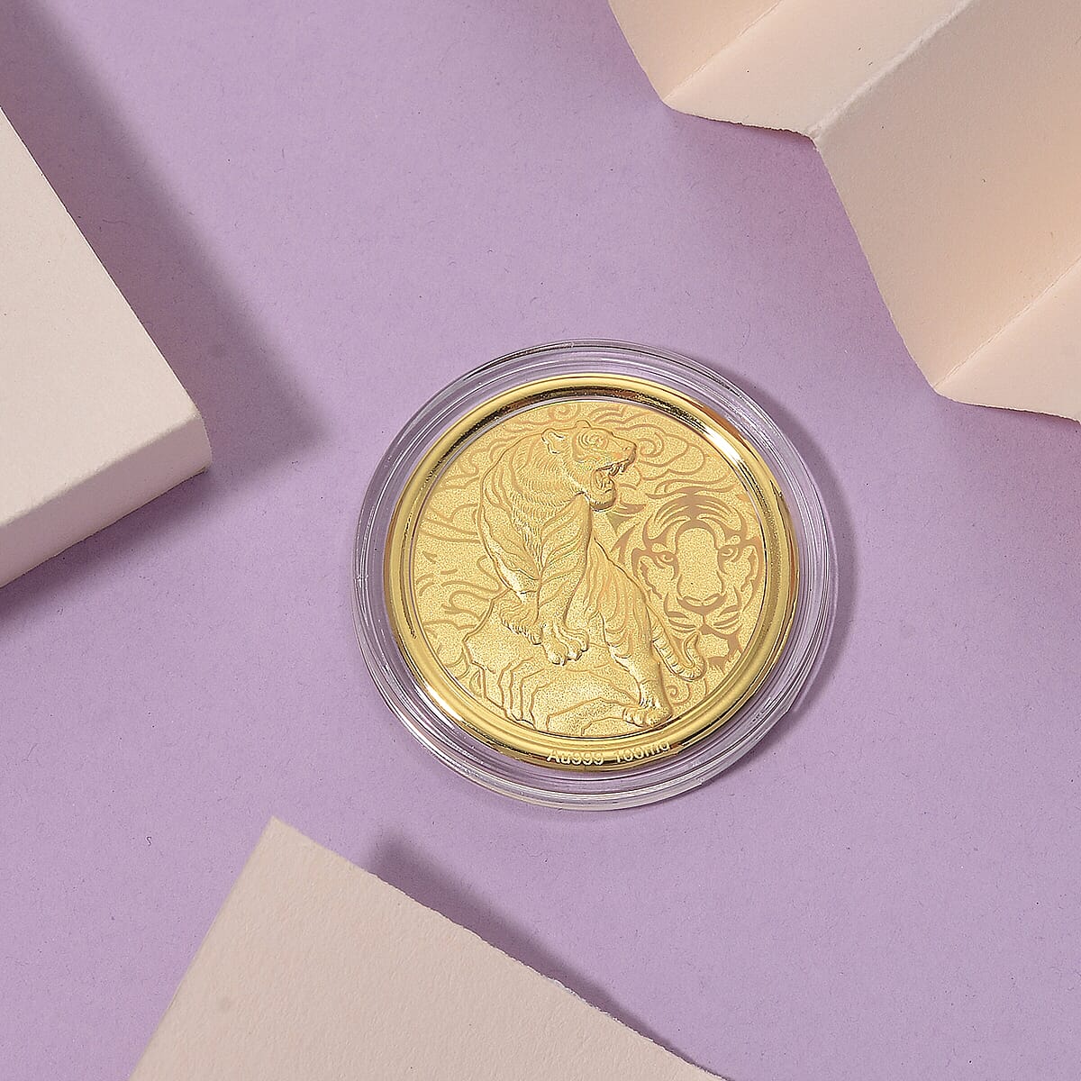 Ankur Treasure Chest Doorbuster 24K Yellow Golden Regal Tiger Zodiac Medallion Coin Bar with Rainbow Line 100mg image number 1