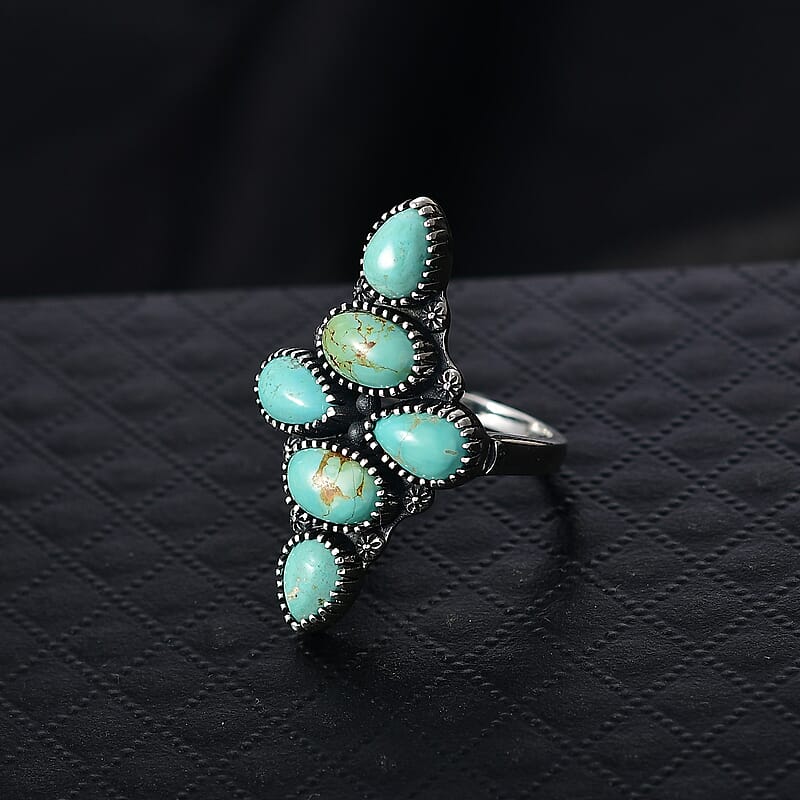 D'Joy Artisan Crafted Royston Turquoise Ring in Black Oxidised Sterling Silver 5.85 ctw (Size 6.0)