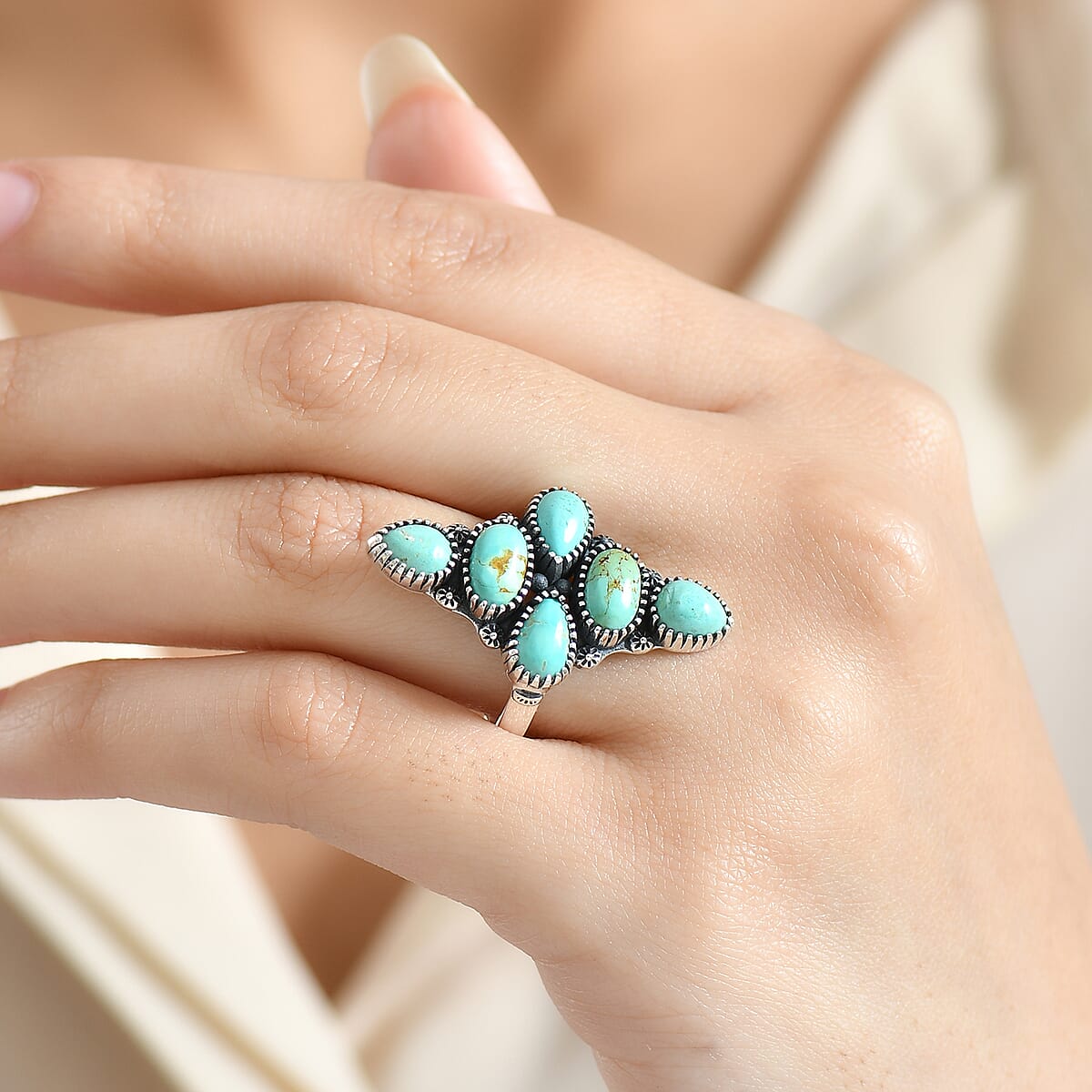 D'Joy Artisan Crafted Premium Royston Turquoise 5.85 ctw Ring in Black Oxidised Sterling Silver (Size 7.0) image number 2