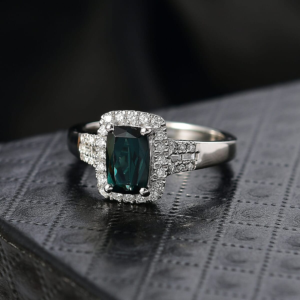 Doorbuster Certified & Appraised Rhapsody AAAA Monte Belo Indicolite and E-F VS Diamond 1.65 ctw Ring in 950 Platinum (Size 5.0) 6.42 Grams image number 1