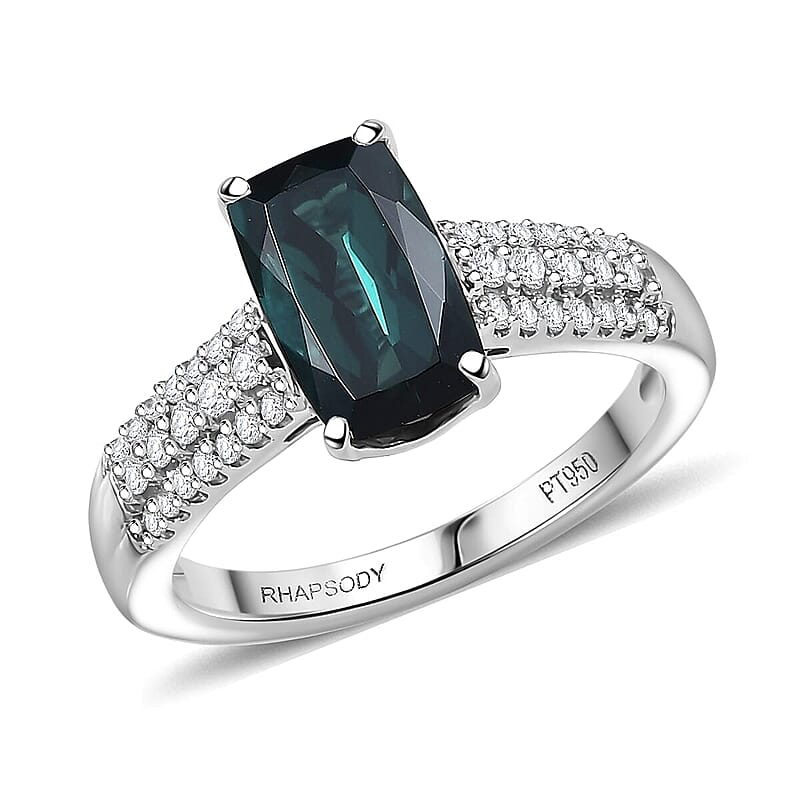 Certified & Appraised Rhapsody AAAA Monte Belo Indicolite and E-F VS Diamond 2.50 ctw Ring in 950 Platinum (Size 10.0) 6.67 Grams