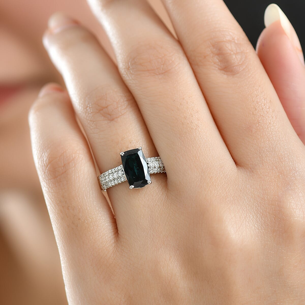 Certified & Appraised Rhapsody AAAA Monte Belo Indicolite and E-F VS Diamond 2.50 ctw Ring in 950 Platinum (Size 7.0) 6.67 Grams image number 2