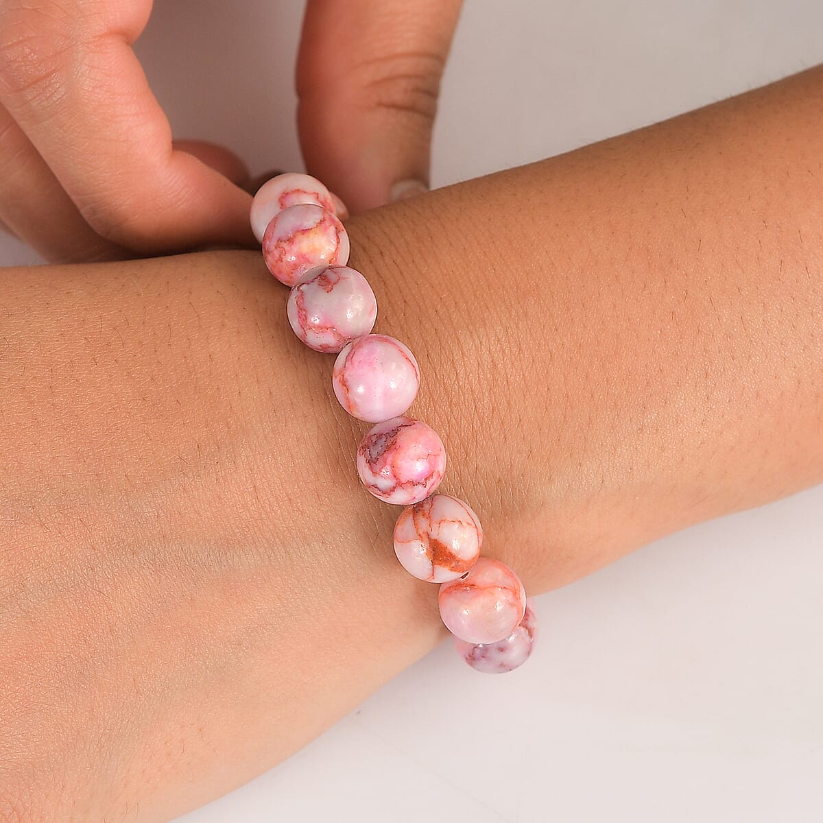 Pink Web Jasper 150.00 ctw Beaded Stretch Bracelet image number 2