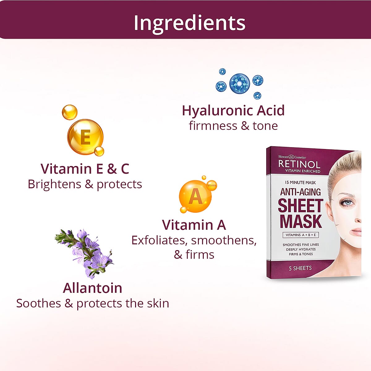 Retinol Vitamin Enriched 15 Minute Anti-Aging Sheet Mask (5 Sheet Masks) Made in US (Ships in 5-7 Days) image number 3