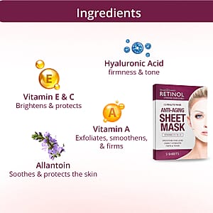 Retinol Vitamin Enriched 15 Minute Anti-Aging Sheet Mask (5 Sheet Masks) Made in US