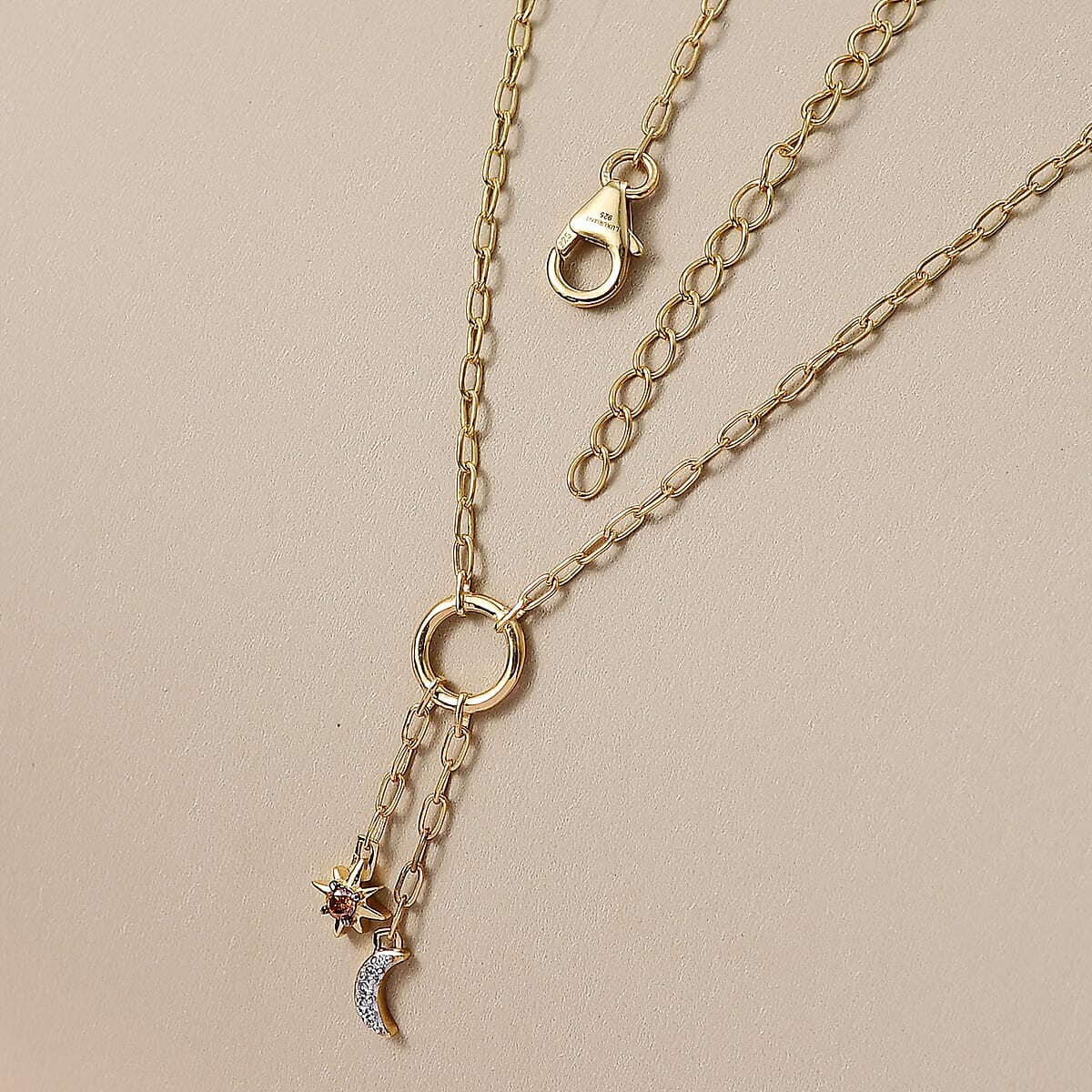 Luxuriant Lab Grown Red Diamond (IR) and Lab Grown Diamond (SI) 0.10 ctw Sun & Moon Necklace in 18K Vermeil Yellow Gold Over Sterling Silver 18-20 Inches image number 1