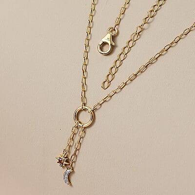 Luxuriant Lab Grown Red Diamond (IR) and Lab Grown Diamond (SI) 0.10 ctw Sun & Moon Necklace in 18K Vermeil Yellow Gold Over Sterling Silver 18-20 Inches