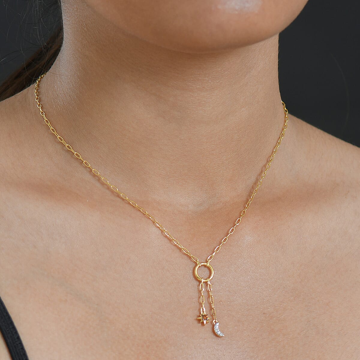 Luxuriant Lab Grown Red Diamond (IR) and Lab Grown Diamond (SI) 0.10 ctw Sun & Moon Necklace in 18K Vermeil Yellow Gold Over Sterling Silver 18-20 Inches image number 2