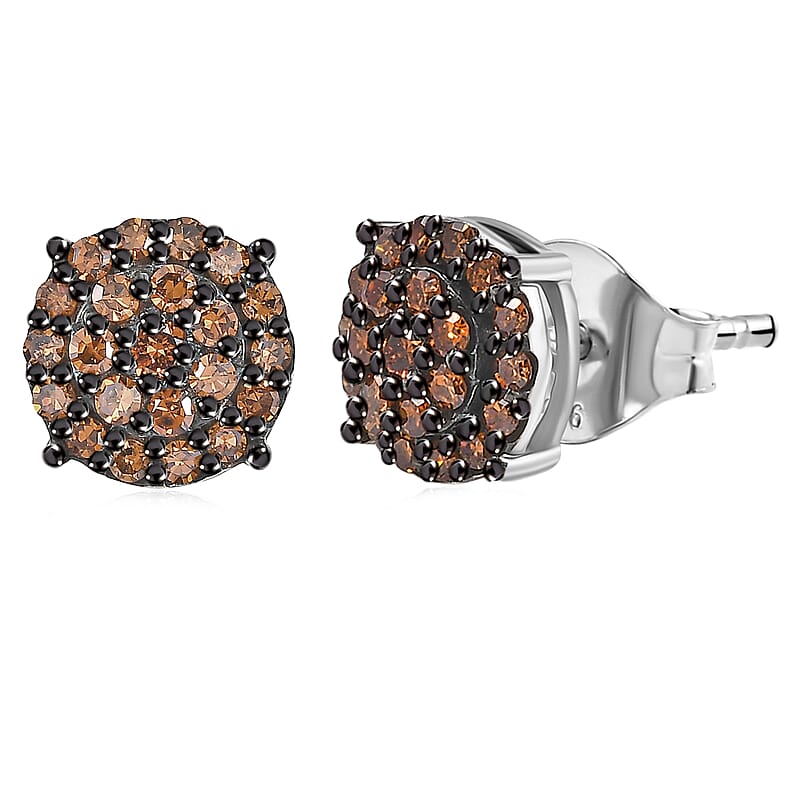 Luxuriant Lab Grown Red Diamond (IR) 0.50 ctw Rosetta Halo Studs Earrings in Rhodium Over Sterling Silver