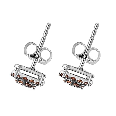 Luxuriant Lab Grown Red Diamond (IR) 0.50 ctw Rosetta Halo Studs Earrings in Rhodium Over Sterling Silver