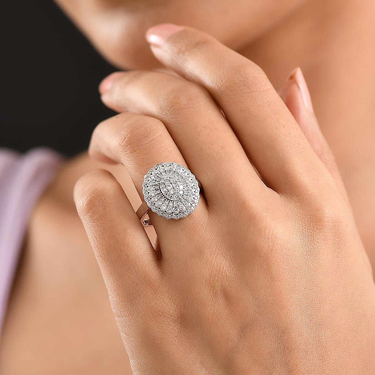 Luxuriant Lab Grown Diamond G-H SI 1.00 ctw Bloom Crest Ring in Rhodium Over Sterling Silver (Size 8.0) image number 2