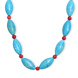 EverTrue Dyed Blue Magnesite and Mediterranean Coral 375.00 ctw Beaded Necklace in Platinum Over 18 Inches 