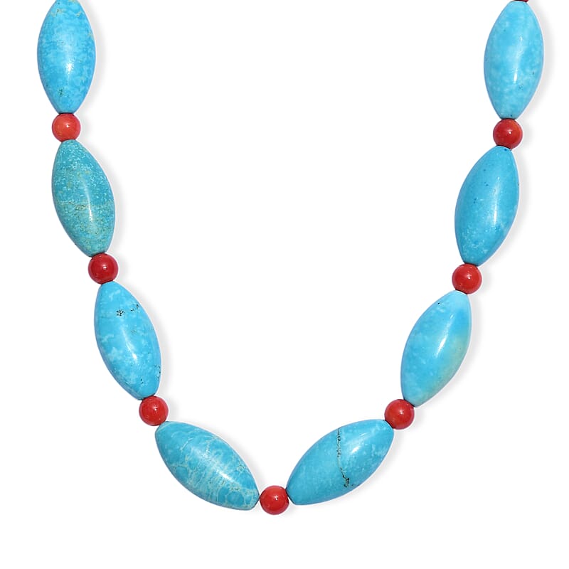 EverTrue Dyed Blue Magnesite and Mediterranean Coral 375.00 ctw Beaded Necklace in Platinum Bond 18 Inches
