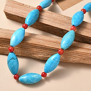 EverTrue Dyed Blue Magnesite and Mediterranean Coral 375.00 ctw Beaded Necklace in Platinum Over 18 Inches 
