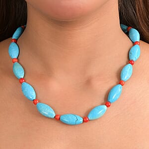 EverTrue Dyed Blue Magnesite and Mediterranean Coral 375.00 ctw Beaded Necklace in Platinum Over 18 Inches 