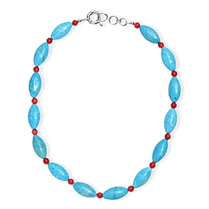 EverTrue Dyed Blue Magnesite and Mediterranean Coral 375.00 ctw Beaded Necklace in Platinum Over 18 Inches 
