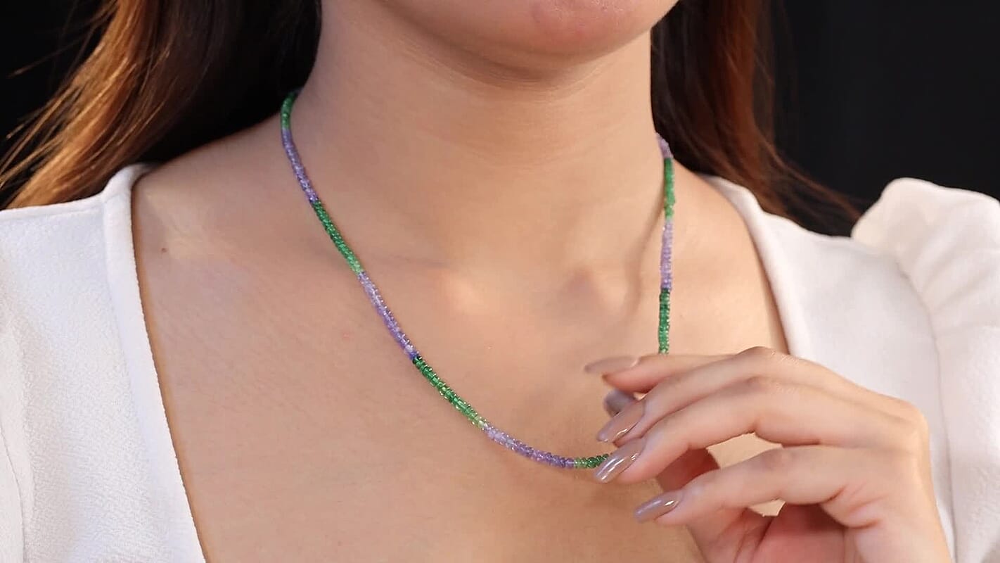 D'Joy Premium Tanzanite and Tsavorite Garnet 40.00 ctw Beaded Necklace in 18K Vermeil Yellow Gold Over Sterling Silver 18-20 Inches