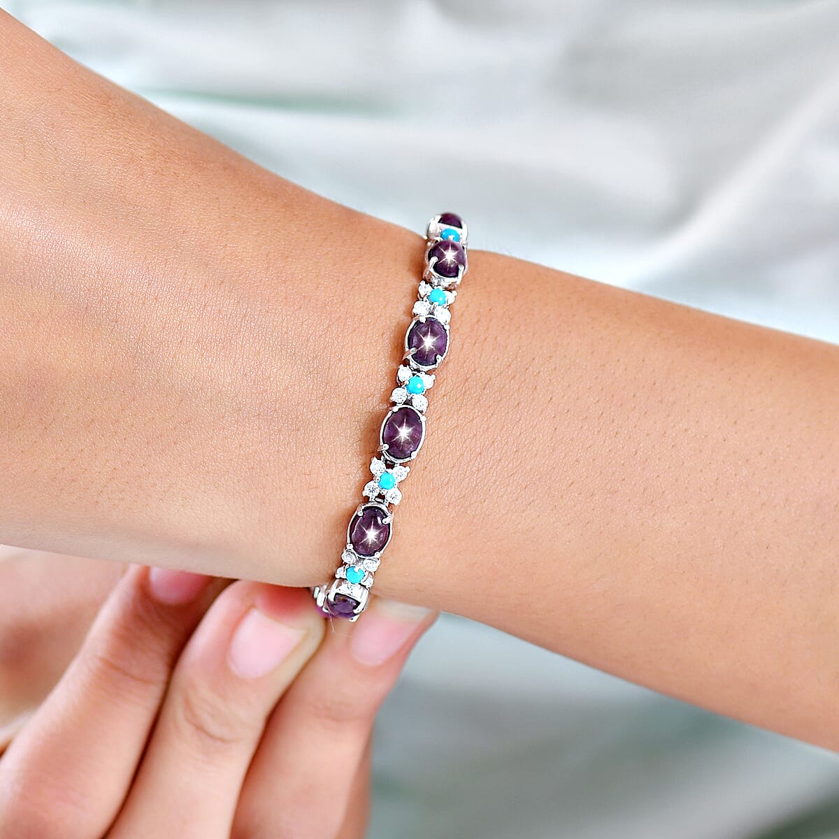 D'Joy Premium Star Ruby and Multi Gemstone 24.10 ctw Bracelet in Rhodium Over Sterling Silver (7.25 In) image number 2