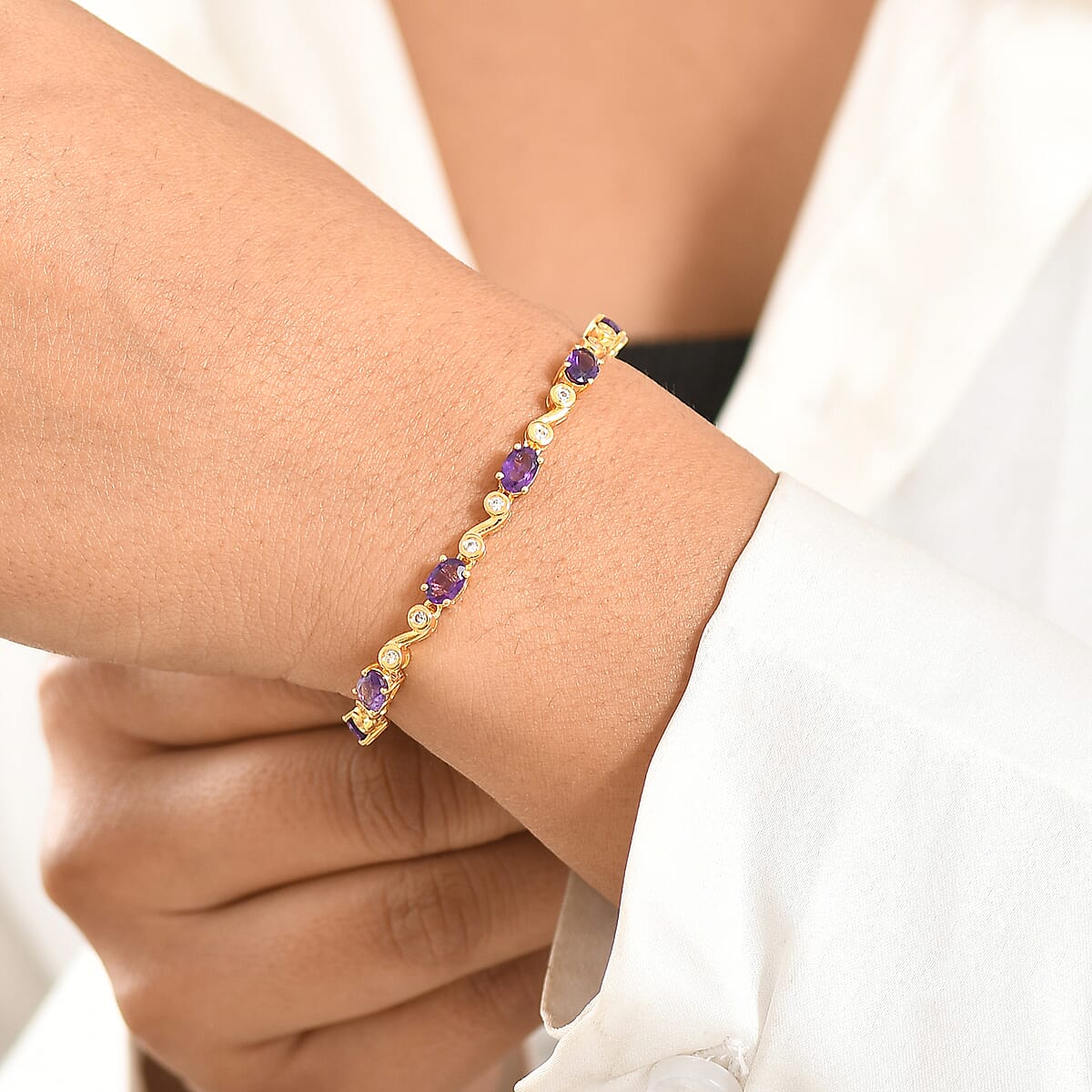 EverTrue African Amethyst and White Zircon 4.70 ctw Bracelet in 18K Yellow Gold Plated (6.50 In) image number 2