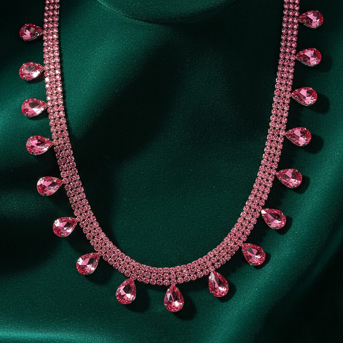 Sparkling Pink Austrian Crystal Dripping Necklace (16-19 Inches) in Silvertone image number 1