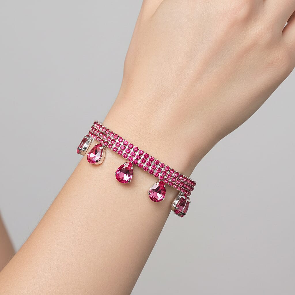 Sparkling Pink Austrian Crystal Dripping Bracelet in Silvertone (7.50-9.50In)