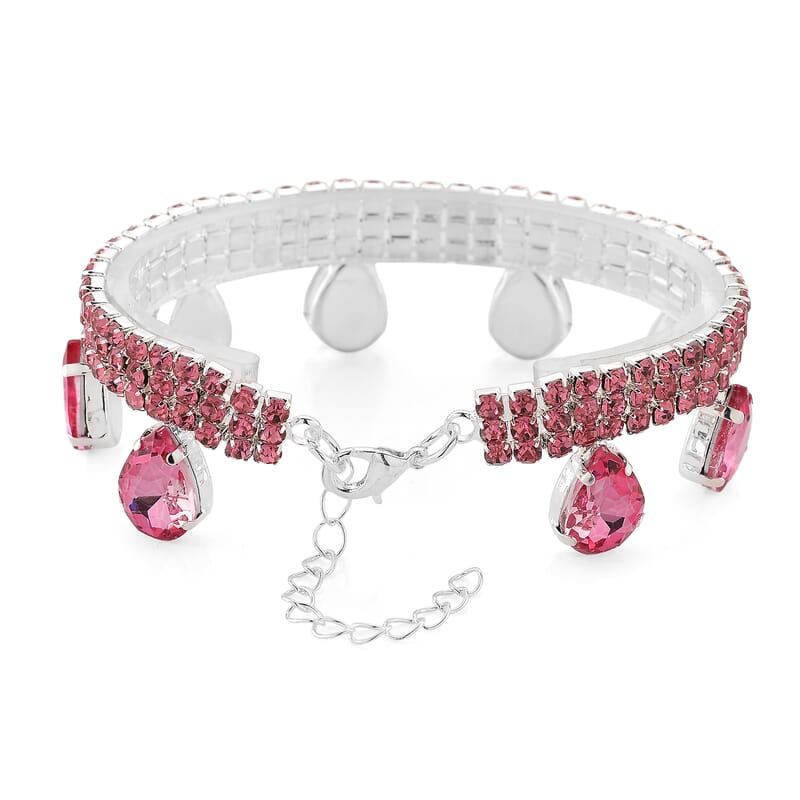 Sparkling Pink Austrian Crystal Dripping Bracelet in Silvertone (7.50-9.50In)