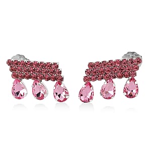 Pink Austrian Crystal Dripping Earrings in Silvertone