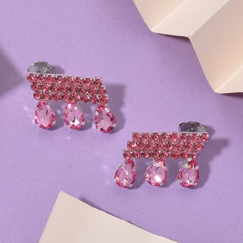 Pink Austrian Crystal Dripping Earrings in Silvertone